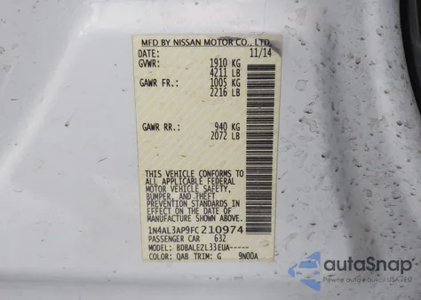 2015 Nissan Altima 2.5/2.5 S/2.5 Sl/2.5 Sv из США, поврежденный, VIN 1N4AL3AP9FC210974